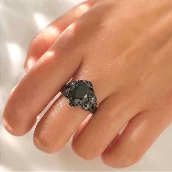 Gothic Skull Design with Black Stones Black Zircon Ring - Picture 3 of 3